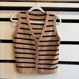 Striped V-Neck Button Tank Top in Tan & Black